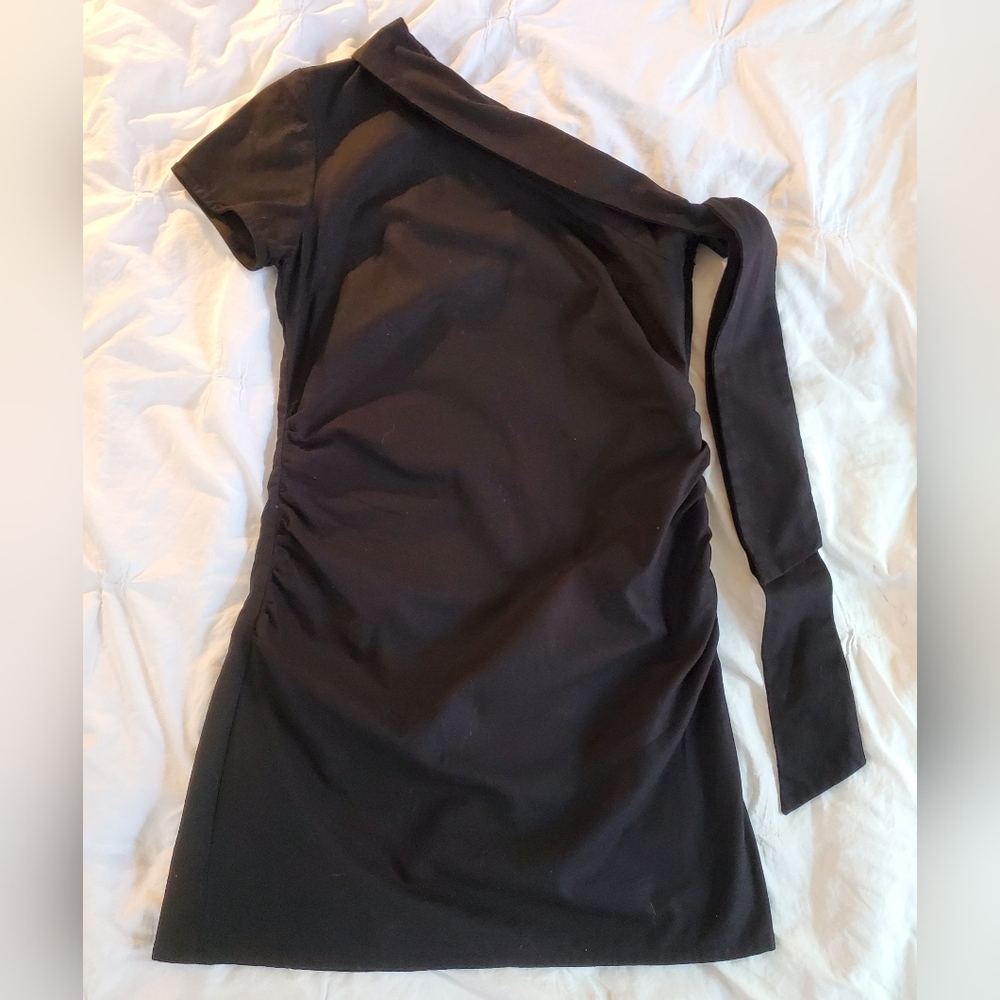 Little black dress, size S, mod mini, cotton with ruching, one shoulder by MLM